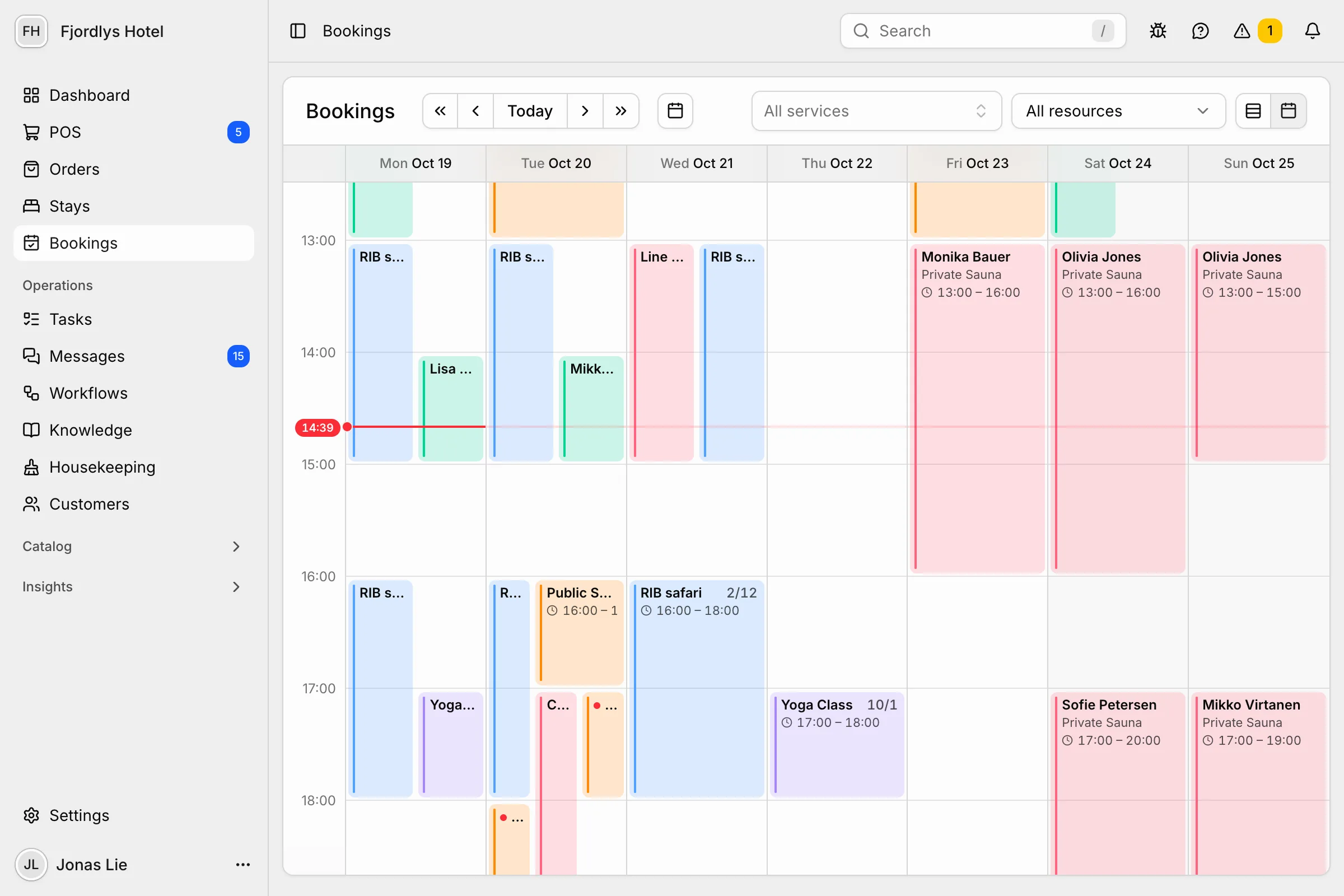 The bookings calendar with sauna sessions, boat trips and yoga classes