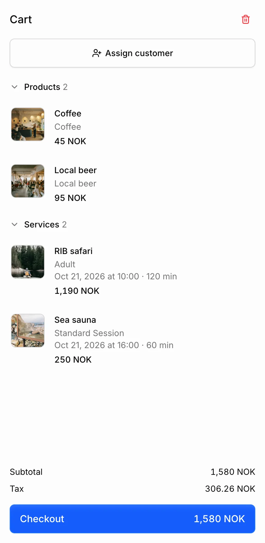 The SERVOS till with coffee, a local beer, a boat trip seat and a sea sauna session in one cart